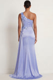 Sparkly Blue Beaded Mermaid Ruched One Shoulder Maxi Formal Dress with Slit