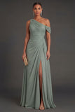 Dusty Sage Sheath Ruched One Shoulder Long Formal Dress with Slit