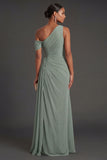 Dusty Sage Sheath Ruched One Shoulder Long Formal Dress with Slit