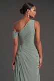 Dusty Sage Sheath Ruched One Shoulder Long Formal Dress with Slit