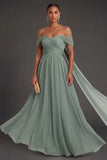 Dusty Sage A Line Off the Shoulder Backless Sleeveless Long Formal Dress