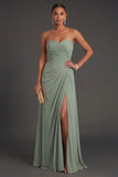 Dusty Sage Sheath Sweetheart Ruched Backless Long Formal Dress with Slit