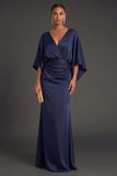 Navy Mermaid V Neck Flutter Sleeves Long Formal Dress