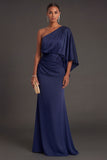 Navy Mermaid Ruched One Shoulder Long Formal Dress