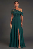 Dark Green One Shoulder A Line Ruched Long Formal Dress with Slit