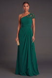 Dark Green Sheath One Shoulder Ruched Ruffled Long Formal Dress