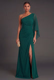 Dark Green Sheath One Shoulder Ruched Backless Long Formal Dress with Slit
