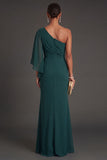 Dark Green Sheath One Shoulder Ruched Backless Long Formal Dress with Slit