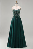 Sheath Dark Green Sweetheart Appliqued Backless Long Formal Dress