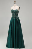 Sheath Dark Green Sweetheart Appliqued Backless Long Formal Dress