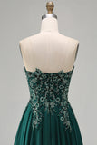 Sheath Dark Green Sweetheart Appliqued Backless Long Formal Dress