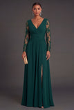 Sheath Dark Green V Neck Appliqued Long Formal Dress With Slit