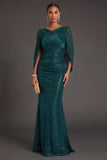 Dark Green Metallic Mermaid V Neck Long Formal Dress with Cape