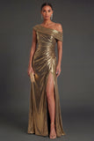 Metallic Golden Mermaid One Shoulder Ruched Long Formal Dress