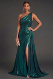 Metallic Dark Green Mermaid One Shoulder Ruched Long Formal Dress with Slit