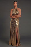 Golden Metallic Sheath Halter Neck Ruched Long Formal Dress with Slit