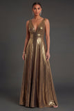 Golden A Line V Neck Backless Metallic Sleeveless Long Formal Dress