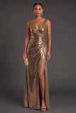 Sheath Golden Metallic Ruched V Neck Long Formal Dress with Slit