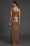 Sheath Golden Metallic Ruched V Neck Long Formal Dress with Slit