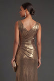 Sheath Golden Metallic Ruched V Neck Long Formal Dress with Slit