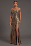 Ruched Golden Sheath Off the Shoulder Backless Metallic Long Formal Dress with Slit