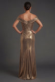 Ruched Golden Sheath Off the Shoulder Backless Metallic Long Formal Dress with Slit