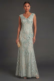 Sparkly Beaded Green Sheath Floral Appliqued V Neck Long Formal Dress
