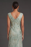 Sparkly Beaded Green Sheath Floral Appliqued V Neck Long Formal Dress