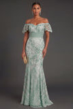 Sparkly Beaded Floral Green Appliqued Mermaid Long Formal Dress