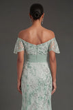 Sparkly Beaded Floral Green Appliqued Mermaid Long Formal Dress