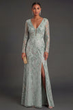 Sparkly Beaded Floral Green Appliqued Sheath Long Formal Dress with Slit