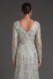 Sparkly Beaded Floral Green Appliqued Sheath Long Formal Dress with Slit