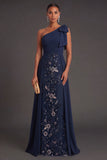 Floral Navy Sheath Sparkly Beaded One Shoulder Long Formal Dress with Bow