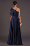 Floral Navy Sheath Sparkly Beaded One Shoulder Long Formal Dress with Bow