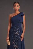 Floral Navy Sheath Sparkly Beaded One Shoulder Long Formal Dress with Bow