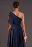 Floral Navy Sheath Sparkly Beaded One Shoulder Long Formal Dress with Bow