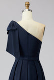 Floral Navy Sheath Sparkly Beaded One Shoulder Long Formal Dress with Bow