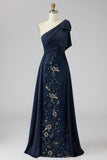 Floral Navy Sheath Sparkly Beaded One Shoulder Long Formal Dress with Bow