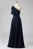Floral Navy Sheath Sparkly Beaded One Shoulder Long Formal Dress with Bow