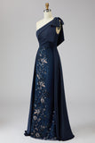 Floral Navy Sheath Sparkly Beaded One Shoulder Long Formal Dress with Bow