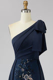 Floral Navy Sheath Sparkly Beaded One Shoulder Long Formal Dress with Bow