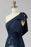 Floral Navy Sheath Sparkly Beaded One Shoulder Long Formal Dress with Bow