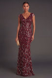 Sparkly Beaded Burgundy Floral Sheath Long Formal Dress