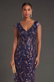Sparkly Beaded Navy Floral Sheath Long Formal Dress