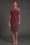 Burgundy Floral Sparkly Beaded Sheath Appliqued Midi Formal Dress