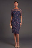 Burgundy Floral Sparkly Beaded Sheath Appliqued Midi Formal Dress