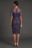 Burgundy Floral Sparkly Beaded Sheath Appliqued Midi Formal Dress