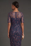 Burgundy Floral Sparkly Beaded Sheath Appliqued Midi Formal Dress