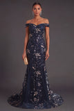 Floral Navy Mermaid Off the Shoulder Sparkly Beaded Long Formal Dress