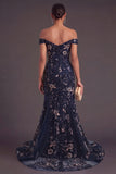 Floral Navy Mermaid Off the Shoulder Sparkly Beaded Long Formal Dress